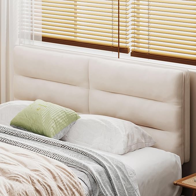 King Size Velvet Headboard Foldable Panels Backboard, Upholstered California King Head Board for Bedroom Adjustable Height from 42" to 56"-Ivory