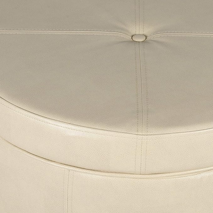 HomePop Large Leatherette Round Storage Ottoman with Removeable Lid, Cream Faux Leather