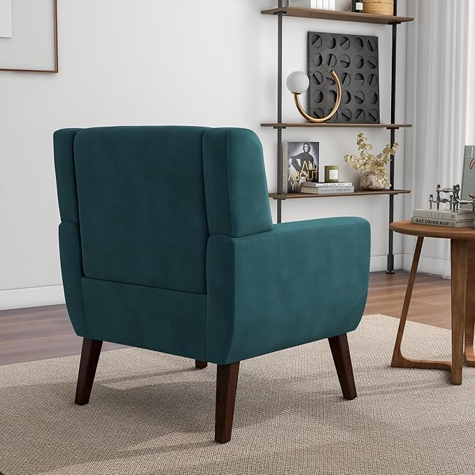 Accent Chair, Mid-Century Modern Velvet Fabric Chairs with Arms for Living Room, Comfy Upholstered Club Single Sofa Armchair for Bedroom Waiting Room with Solid Wood Frame (Velvet Blue, Set of 1)