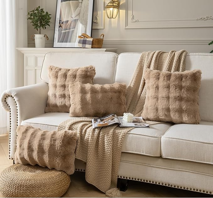 Pack of 2 Thick Plush Throw Pillow Covers Fluffy Wave Faux Fur Decorative Cushion Covers Soft Wool Pillowcase for Sofa Couch Livingroom 22x22 Inch Camel