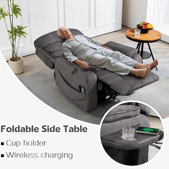 Power Lift Recliners Chairs for Elderly Adults Lay Flat Recliner with Heat & Massage, Wireless Charging Device, USB Ports, Cup Holder, Lumbar Pillow, 400Lbs（Grainy Fibric,Grey）