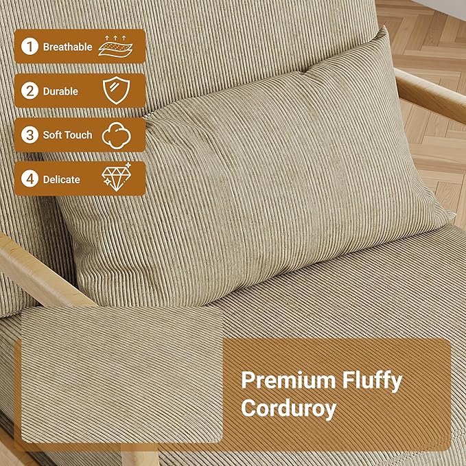 Claiks Mid-Century Modern Accent Chair, Living Room Armchair with Solid Wood Frame & Lumbar Pillow, Comfy Upholstered Lounge Chair for Bedroom, Office, Corduroy, Khaki