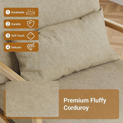 Claiks Mid-Century Modern Accent Chair, Living Room Armchair with Solid Wood Frame & Lumbar Pillow, Comfy Upholstered Lounge Chair for Bedroom, Office, Corduroy, Khaki
