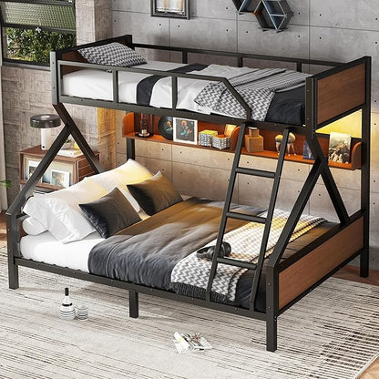 Bellemave Twin XL Over Queen Bunk Bed with Storage Shelf and RGB LED Lights, Adults Bunk Bed with Angle Padded Ladder, Heavy Duty Bunk Beds with Noise-Reducing Rubber Stoppers, Black