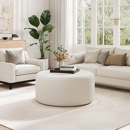 Christopher Knight Home GAVI 30" Ottoman Foot Stool, Corduroy Pouf Footstool Ottoman Seat, Upholstered Foot Chair, Round Footrest, Modern Side Table for Living Room Bedroom Home Decor, Beige