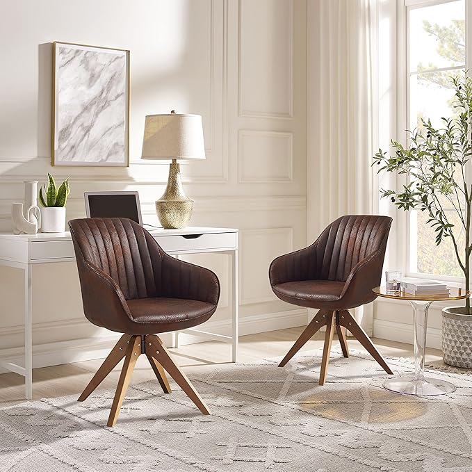 Zouron Mid Century Modern Accent Chair with Wooden Legs, Upholstered Swivel Chair No Wheels, Side Accent Armchair Vanity Chair for Small Space Home Office Living Room Bedroom, Mocha