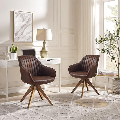 Zouron Mid Century Modern Accent Chair with Wooden Legs, Upholstered Swivel Chair No Wheels, Side Accent Armchair Vanity Chair for Small Space Home Office Living Room Bedroom, Mocha