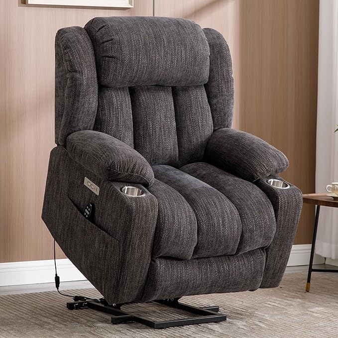 Electric Power Lift Chair, Chenille Recliner Massage Chair Living Room Furniture with 8-Point Vibration Massage and Lumbar Heating, USB and Type-C Ports, Cup Holders - Grey