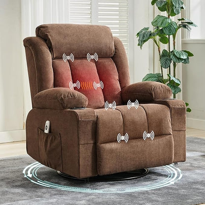 Power 360° Swivel Rocker Recliner with Heat and Massage Oversized Electric Rocking Chair for Big and Tall People with 2 Cup Holders Side Pockets Remote Control USB Charging Port, Brown