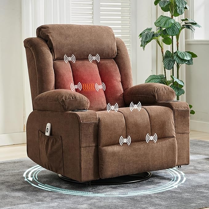 Rocking Recliner Chair with Heat and Massage, Nursery Recliner 360° Swivel Oversized Chairs for Adults, Lazy Boy Single Sofa Seat with 3 Positions, 2 Side Pockets, Cup Holders, and USB Ports, Brown