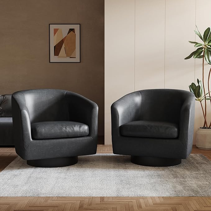 Lumibee Swivel Accent Chairs Set of 2, Faux Leather Swivel Barrel Chairs for Living Room, Modern Comfy Upholstered Round Armchairs Single Sofa Chairs for Bedroom, Club-Black