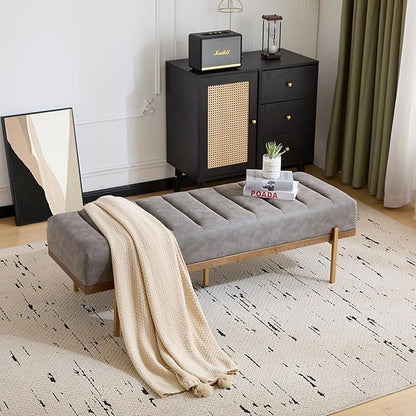 Christopher Knight Home Neapo Bench Ottoman, Rectangular Ottoman, Spacious Seating Chair, Upholstered Footstool, Tufted Bench with Gold Legs for Bedroom Living Room Entryway Hallway, Grey+Gold