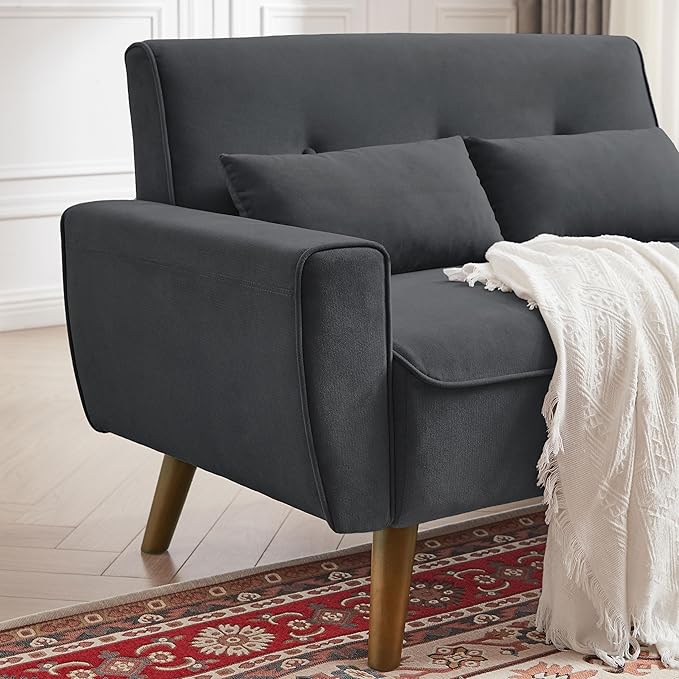 48" Small Loveseat Sofa, Mid Century Modern Love Seat with Back Cushions and Plastic Legs, 2 Seater Couches for Living Room, Bedroom, Small Spaces, Dark Grey