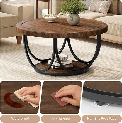 Tribesigns Round Coffee Table with 2 Tiers, 33.5" Wooden Circle Accent Cocktail Table with Storage Shelf and Metal Frame, Industrial Center Tables for Living Room, Brown & Black