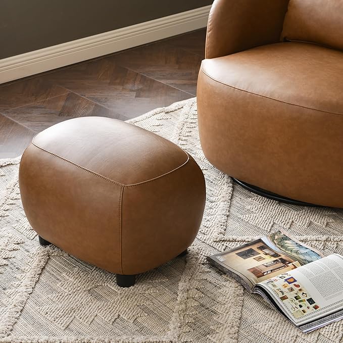 KINWELL 23" Wide Faux Leather Upholstered Ottoman, Mid-Century Modern Living Room Footrest with Soft Padded Seat, Footstool for Bedroom, Entryway or Living Room, Camel