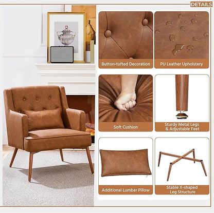 Yaheetech Accent Chair, Living Room Chair Mid Century PU Leather Armchair Lumbar Pillow, Comfy Upholstered Reading Chair Wood Leg Bedroom Brown 2PCS