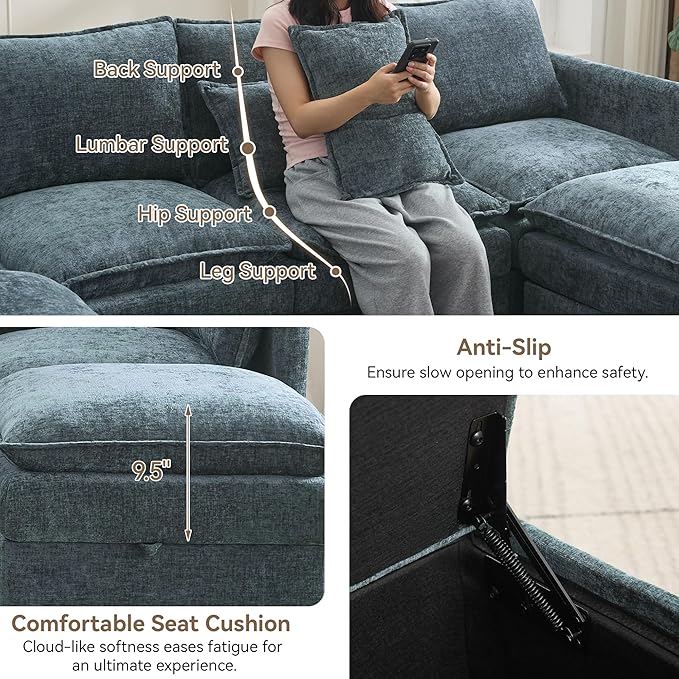 27" Large Square Ottoman with Storage, Modern Upholstered Footrest with Anti-Slip Legs for Couch Coffee Table Living Room, Bedroom, Entryway, Chenille Blue
