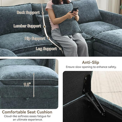 30" Cloud Modular Single Sofa Chair with Storage, Modern Upholstered Accent Chair Deep Seat, Chenille Reading Lounge Armchair for Living Room, Bedroom, Small Space, Blue