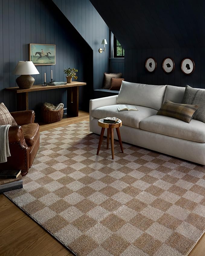 Loloi Chris Loves Julia Calvin Collection CLV-01 Pebble/Ivory 2'-7" x 10'-0" Runner Rug Checkered Neutral Soft Living Room Bedroom Carpet
