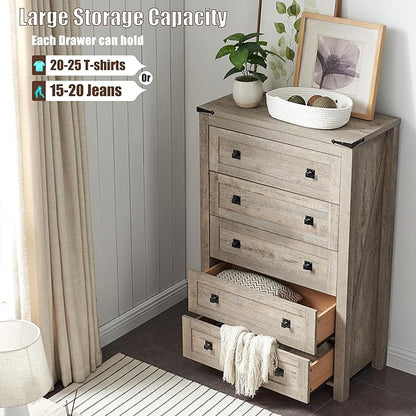 T4TREAM Farmhouse 5 Drawers Dresser Chests for Bedroom, Wood Rustic Tall Chset of Drawers,Dressers Organizer for Bedroom, Living Room,Hallway, Light Rustic Oak