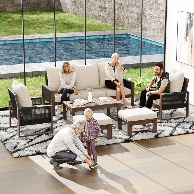 6 Piece Patio Furniture Set with 3-Seat Sofa, 2 Porch Armchairs, 2 Ottoman and 1 Coffee Table Wicker Outdoor Conversation Set for Garden, Terrace, Porch, Balconies, Lawns