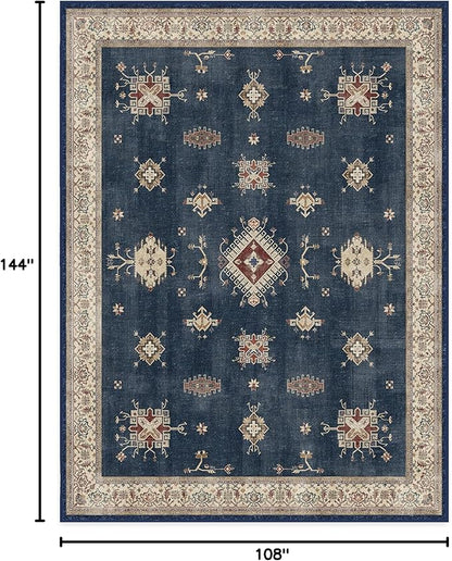 RUGGABLE Washable Vintage Area Rug – Verena Sapphire 9x12, Stain-Resistant, Non-Slip – Large Machine Washable Rugs for Living Room, Bedroom, Hallway, Entryway & Office–with Cushioned Pad