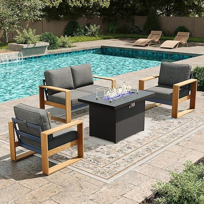 LayinSun 4 Pieces Aluminum Patio Furniture Set with Fire Pit Table, Oversized Seat with Hight Back, Outdoor Conversation Sets for Porch, Balcony, Deck