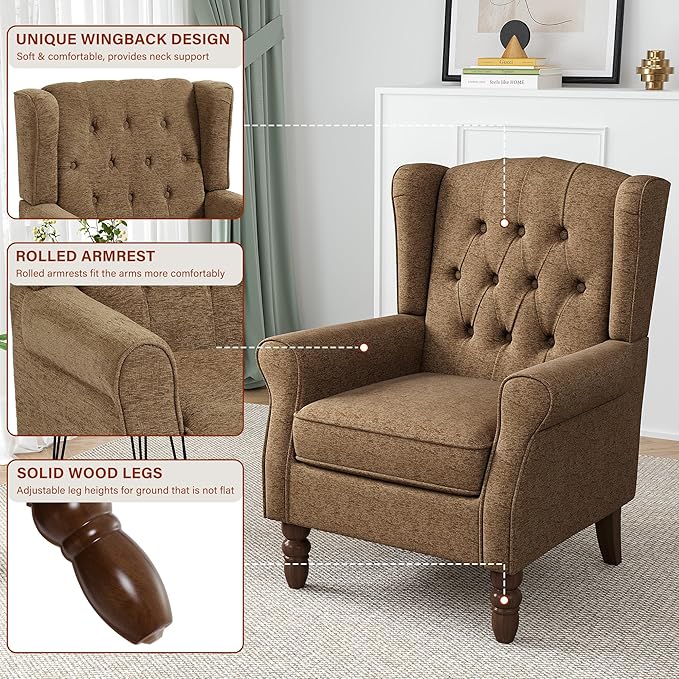 High Back Accent Chair, High Wingback Chair for Living Room, Button-Tufted Upholstered Fabric Armchair with Solid Wood Legs, Comfy Single Sofa Reading Chair for Bedroom, Brown