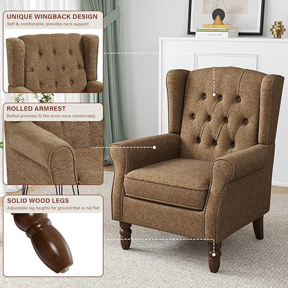 High Back Accent Chair, High Wingback Chair for Living Room, Button-Tufted Upholstered Fabric Armchair with Solid Wood Legs, Comfy Single Sofa Reading Chair for Bedroom, Brown