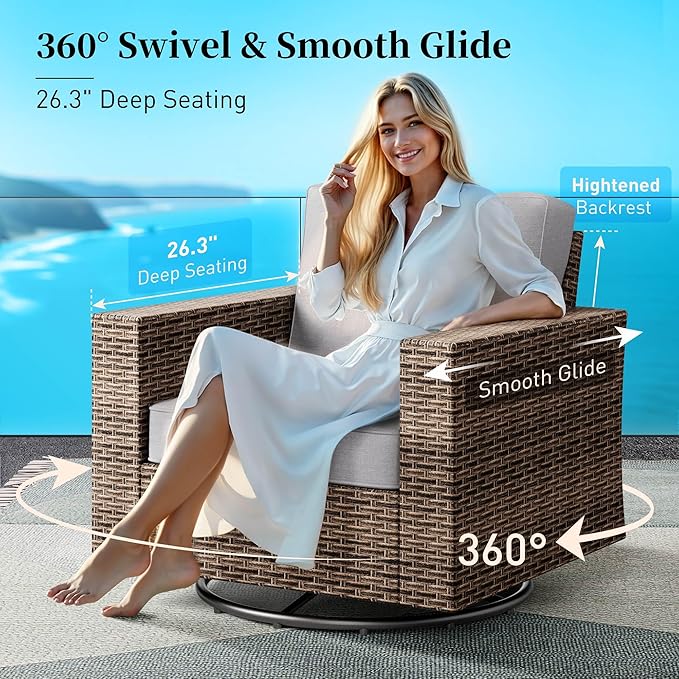 Swivel Glider 4 Piece Patio Furniture Set with Swivel Chairs, Patio Set with 4.92" Extra Wide Armrest, Wicker Patio Furniture with 26.3" Deep Seating and 5.5" Thick Cushions, Grey