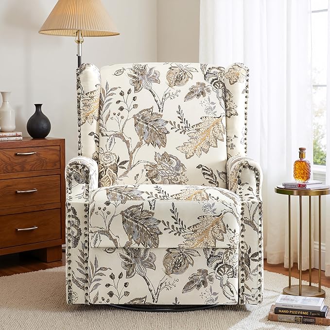 Swivel Glider Recliner Chairs Set of 2, High Back Rocker Reclining Accent Chair with Smooth Manual Mechanism for Nursery, Comfortable & Quiet Upholstered Armchair Seating-Cream Plant