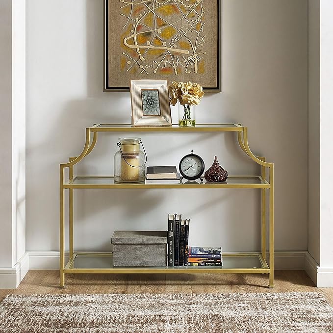 Crosley Furniture Aimee Sofa Console Table with Storage Shelves for Hall, Entryway, or Living Room, Gold and Glass