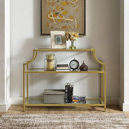 Crosley Furniture Aimee Sofa Console Table with Storage Shelves for Hall, Entryway, or Living Room, Gold and Glass