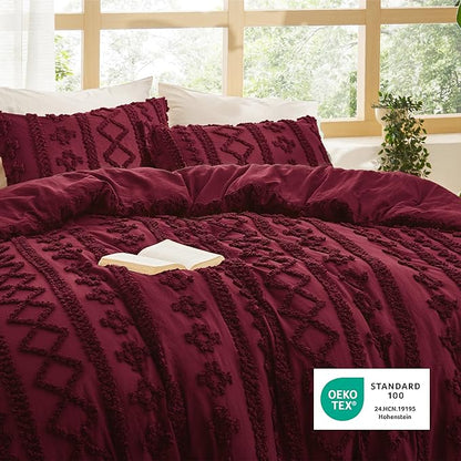 Bedsure Tufted Boho Comforter Set Twin Size - Dark Red Boho Bed Set, GentleSoft™ 2 Pieces Farmhouse Shabby Chic Embroidery Bedding, Gifts for Woman, Soft Jacquard Twin Comforter for All Seasons