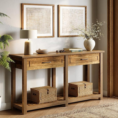 LITTLE TREE Modern Console Tables with 2 Drawers, Rustic 63 Inch Entryway Furniture, Behind Couch Table with Storage Shelf, for Living Room, Hallway, Entrance, Foyer, Rustic Brown