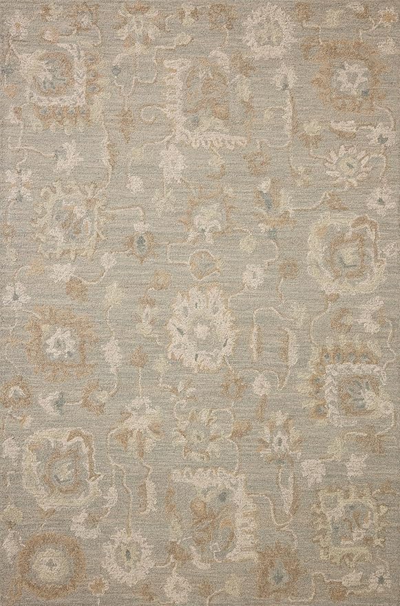 Loloi Chris Loves Julia Dorothea Collection DRT-01 Stone/Multi 7'-9" x 9'-9" Area Rug Wool Neutral Floral Living Room Bedroom Carpet