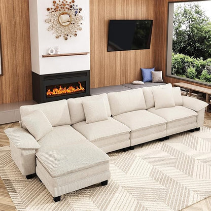 157-Inch L Shaped Sectional Sofa with Cloud Cushions, Deep Seat Modular Couch Set w/ 5 Seats & 1 Ottomans, Removable Arms, Plush Corduroy Upholstery for Living Room, Apartment - Beige