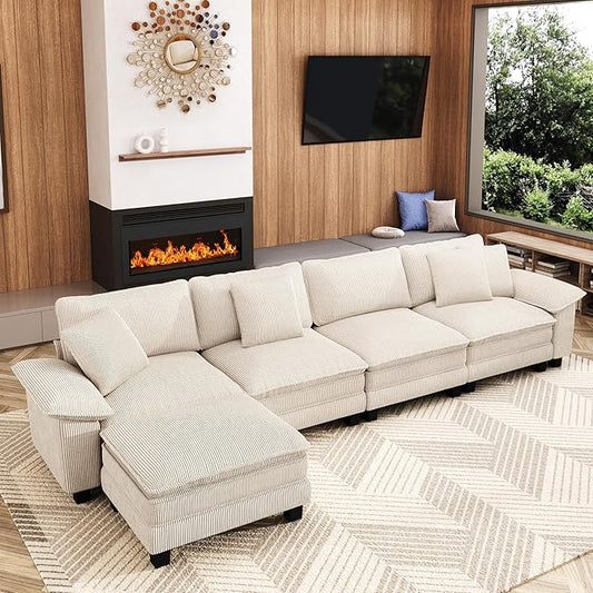 157-Inch L Shaped Sectional Sofa with Cloud Cushions, Deep Seat Modular Couch Set w/ 5 Seats & 1 Ottomans, Removable Arms, Plush Corduroy Upholstery for Living Room, Apartment - Beige