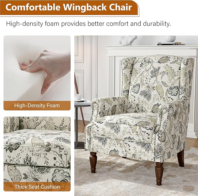 Floral Wingback Accent Chairs Set of 2, High Back Upholstered Armchair, Comfy Fabric Wingback Arms Chairs with Retro Solid Wood Legs, Single Sofa Reading Chair for Bedroom Living Room, Plants Beige