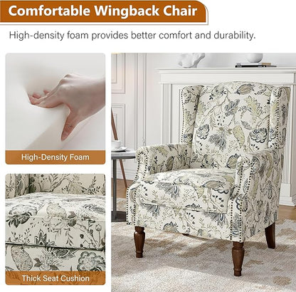 Floral Wingback Accent Chair, High Back Upholstered Armchair, Comfy Fabric Wingback Arms Chairs with Retro Solid Wood Legs, Single Sofa Reading Chair for Bedroom Living Room, Plants Beige