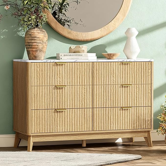 Fluted 6 Drawer Dresser, 47" Wide Chest of Drawers with Faux Marble Top, Modern Dresser TV Stand, Wood Closet Clothes Storage Organizer with Curved Edges for Bedroom, Living Room, Natural