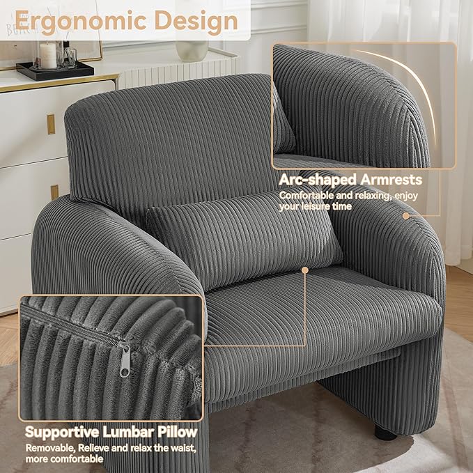 Corduroy Fabric Accent Chair, Modern Upholstered Living Room Chairs with Lumbar Pillow, Wide Comfy Leisure Armchair for Bedroom, Office, Reading, Grey