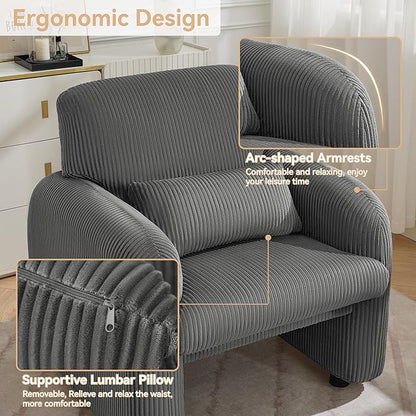 Corduroy Fabric Accent Chair, Modern Upholstered Living Room Chairs with Lumbar Pillow, Wide Comfy Leisure Armchair for Bedroom, Office, Reading, Grey