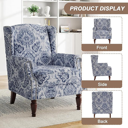 Pia Ricco High Back Floral Accent Chair - Retro Wingback Upholstered Armchair with Nailhead Trim, Solid Wood Legs, Fabric Living Room Bedroom Reading Chair (Flower Navy)