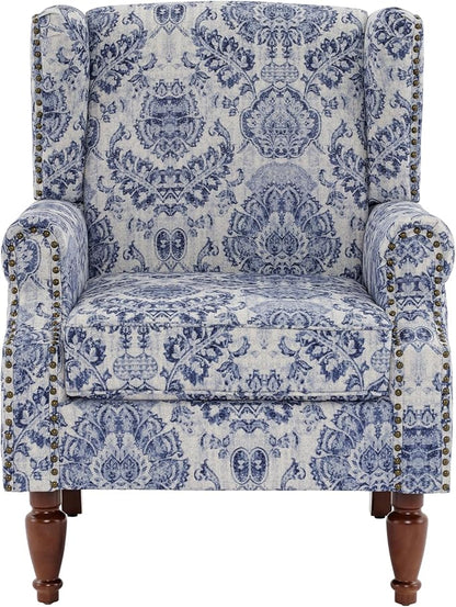 Pia Ricco High Back Floral Accent Chair - Retro Wingback Upholstered Armchair with Nailhead Trim, Solid Wood Legs, Fabric Living Room Bedroom Reading Chair (Flower Navy)