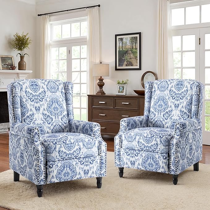 Recliner Chair, Upholstered Wingback Floral Pushback Armchair with Adjustable Backrest & Footrest, Comfy Accent Chair Reading Single Sofa for Small Spaces, Living Room, Bedroom-Navy Blue, Set of 2