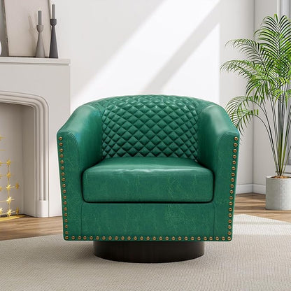 Pia Ricco Faux Leather Swivel Barrel Accent Chairs Set of 2, 360° Swivel Round Single Sofa Chair, Comfy Upholstered Club Armchair with Nailhead Trim for Living Room/Reading Room/Bedroom, Green