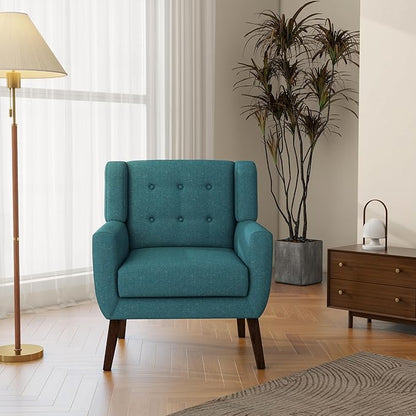 Accent Chair, Mid-Century Modern Fabric Chairs with Arms for Living Room, Comfy Upholstered Club Single Sofa Armchair for Bedroom Waiting Room with Solid Wood Frame (Fabric Turquoise, Set of 1)