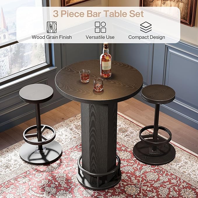 Tribesigns Round Bar Table with Chairs, Industrial Black Bistro Sets with 2 barstools, Small Pub Table with Metal Ring Footrest for Kitchen Nook, Apartment, Small Space