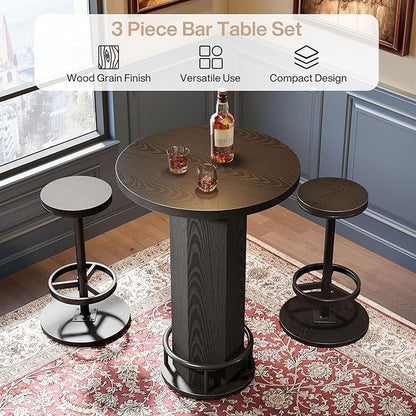 Tribesigns Round Bar Table with Chairs, Industrial Black Bistro Sets with 2 barstools, Small Pub Table with Metal Ring Footrest for Kitchen Nook, Apartment, Small Space